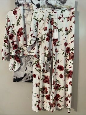 Two piece Vamp Floral Pantsuit Open Blazer Wide Leg pants Burgundy Portia M XL